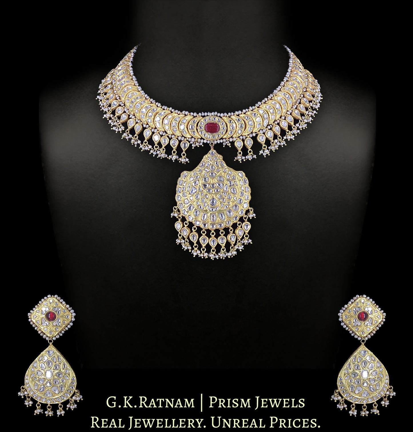 23k Gold and Diamond Polki Necklace Set with Concentric Chand Motifs