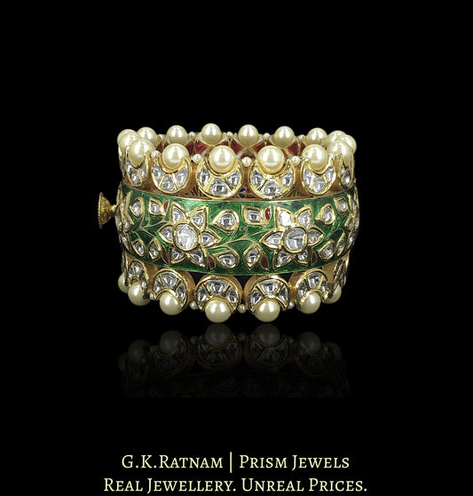 18k Gold and Diamond Polki broad Bangle with Green Meenakari