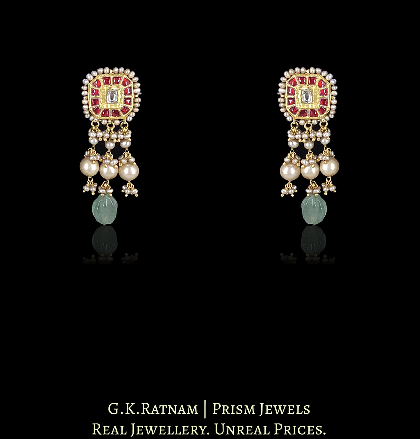 23k Gold and Diamond Polki Choker Necklace Set enhanced with Antiqued Freshwater Pearls and Green Strawberry Quartz Melons