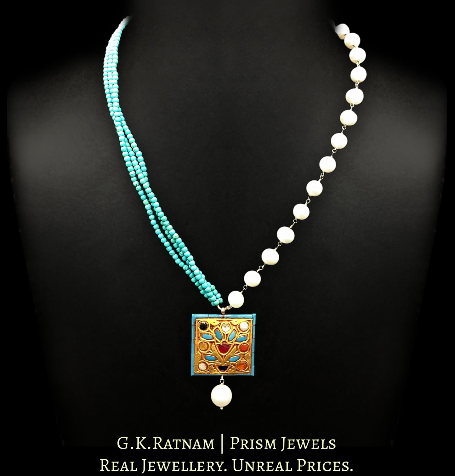 23k Gold and Diamond Polki small Navratna Pendant with Turquoise walls - G. K. Ratnam