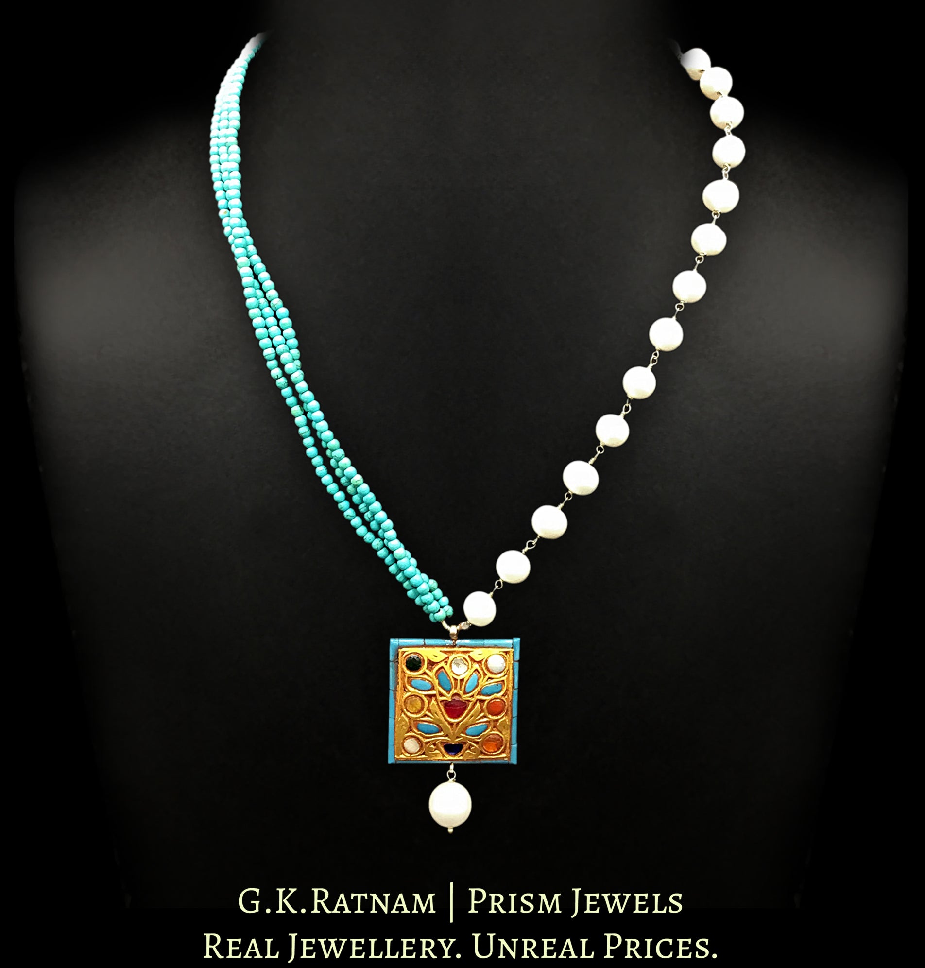 23k Gold and Diamond Polki small Navratna Pendant with Turquoise walls - G. K. Ratnam