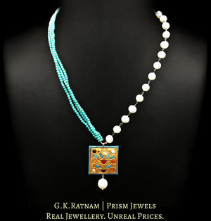 23k Gold and Diamond Polki small Navratna Pendant with Turquoise walls - G. K. Ratnam