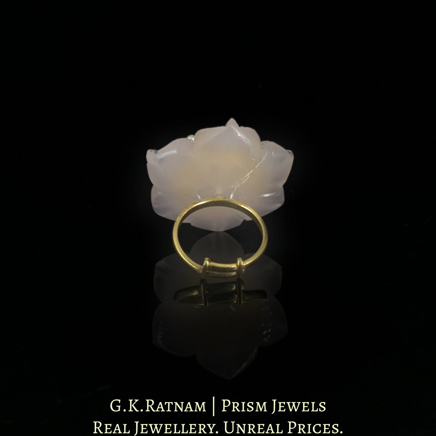 23k Gold and Diamond Polki Ring With Floral Rose Quartz Carving