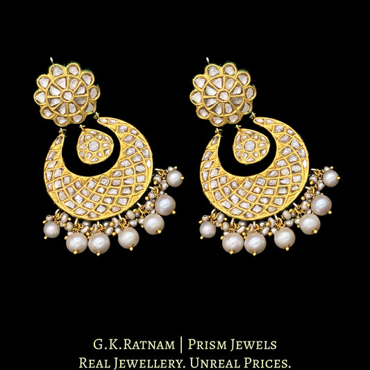 23k Gold and Diamond Polki Chand Bali Earring Pair with triple-coated shell pearls - G. K. Ratnam