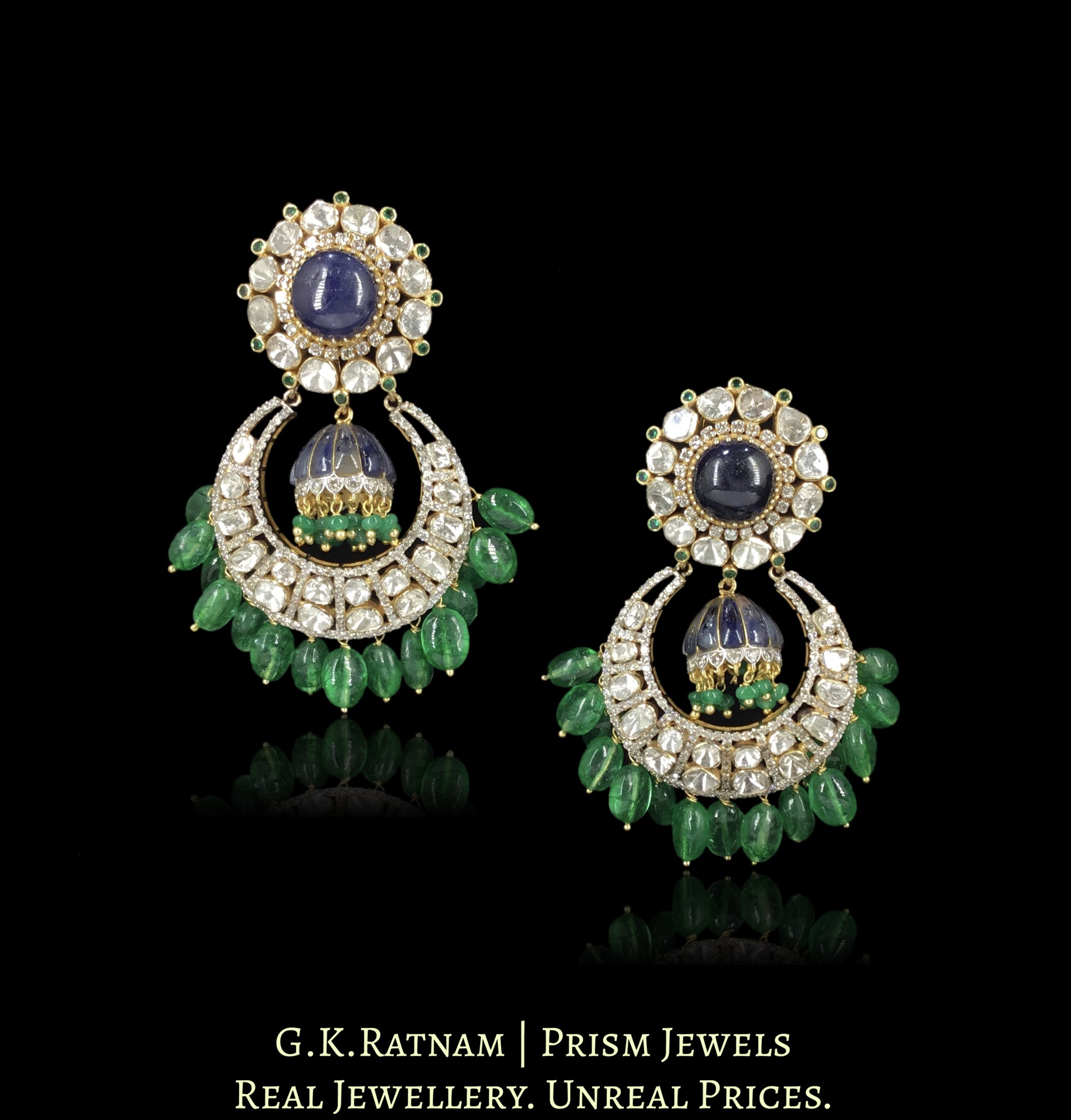14k Gold And Diamond Polki Open Setting Chand Bali Earring Pair With detachable Blue Sapphire Jhumkis