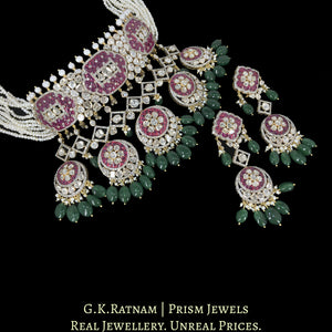 14k Gold and Diamond Polki Open Setting Choker Necklace Set with Rubies and emerald-grade Green Beryls