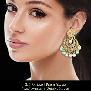 23k Gold and Diamond Polki Chand Bali Earring pair with multiple chands and firoza beads