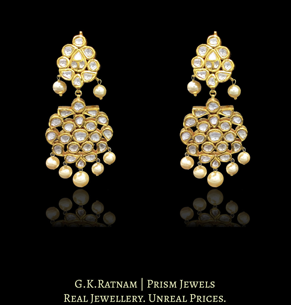 Traditional Gold and Diamond Polki two-step Long Earring Pair with south-sea-like pearl hangings - G. K. Ratnam
