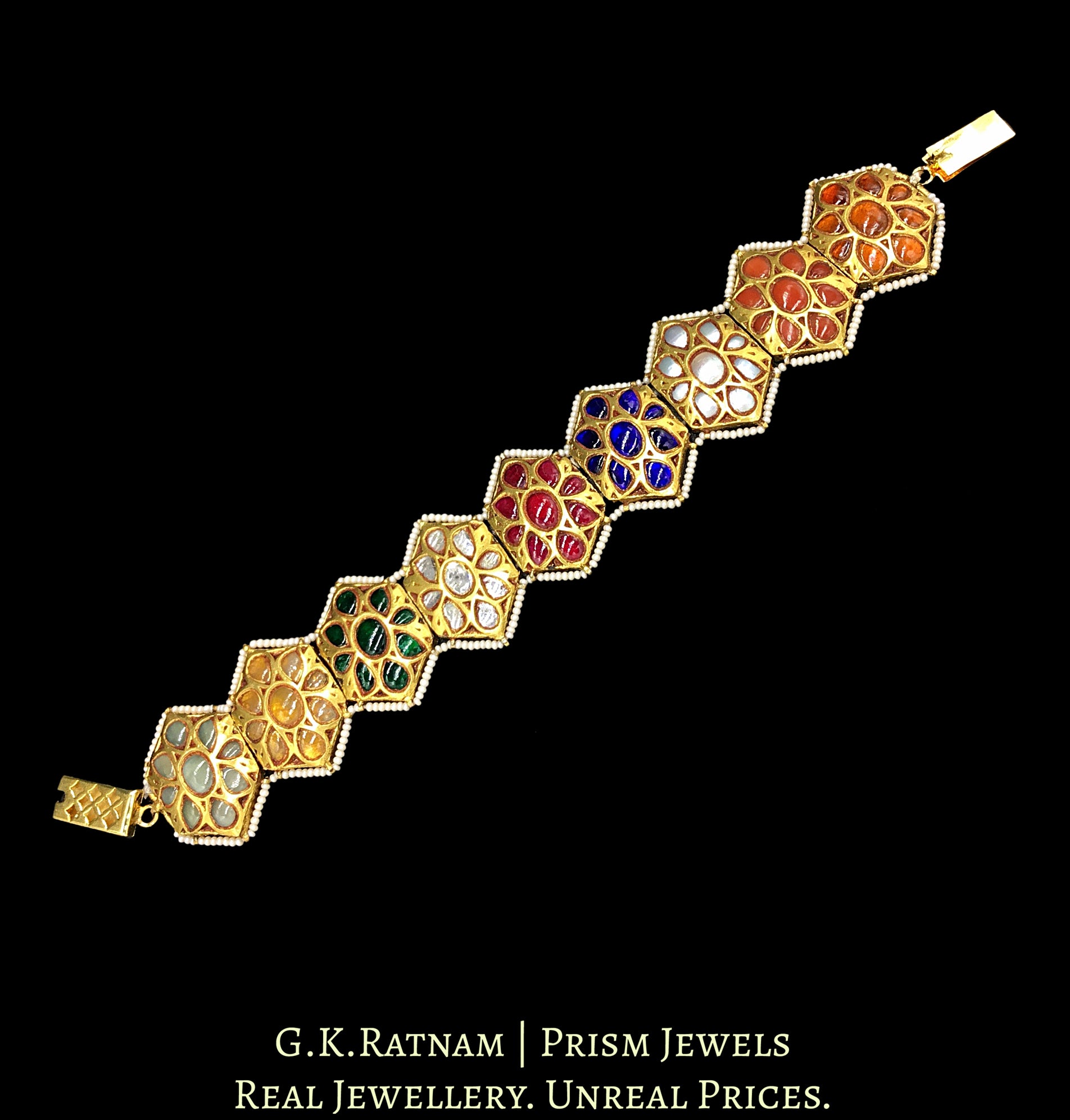 23k Gold and Diamond Polki Hexagonal Bracelet with Navratna Stones - G. K. Ratnam