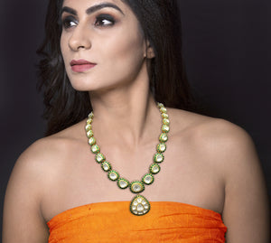 18k Gold and Diamond Polki Necklace with big uncuts and intricate green enamelling - G. K. Ratnam