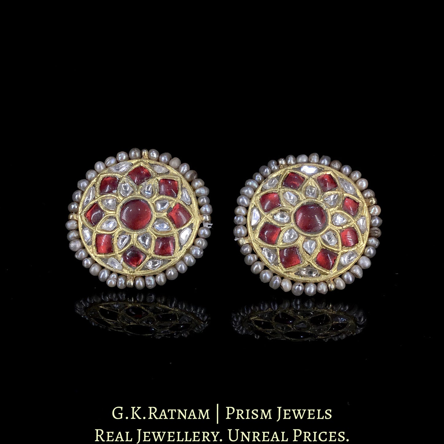 23k Gold and Diamond Polki south-style Choker Necklace Set with Antiqued Hyderabadi Pearls