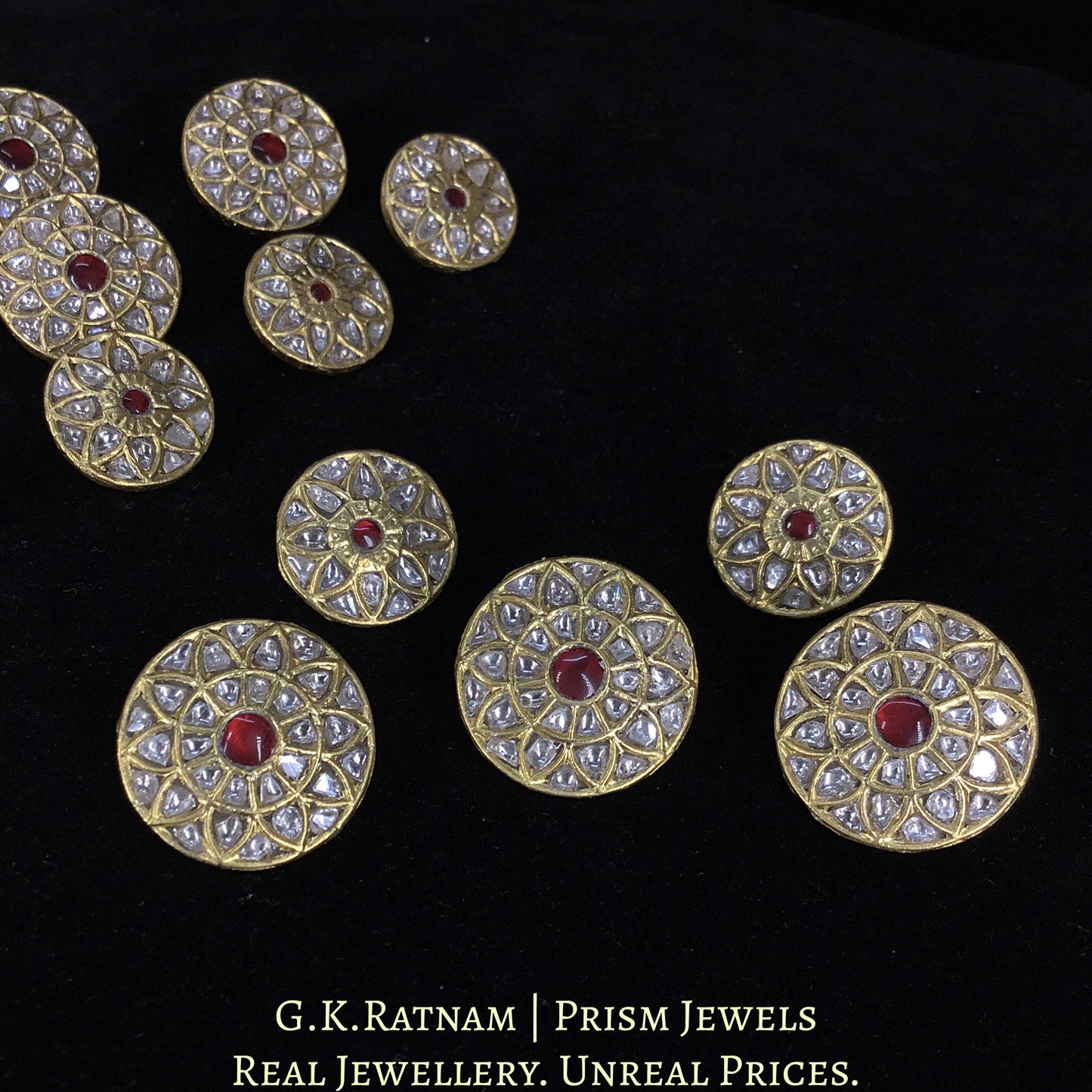 23k Gold and Diamond Polki Sherwani Buttons for Men with Ruby Center