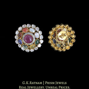 18k Gold and Diamond Polki Open Setting Navratna Karanphool Earring Pair