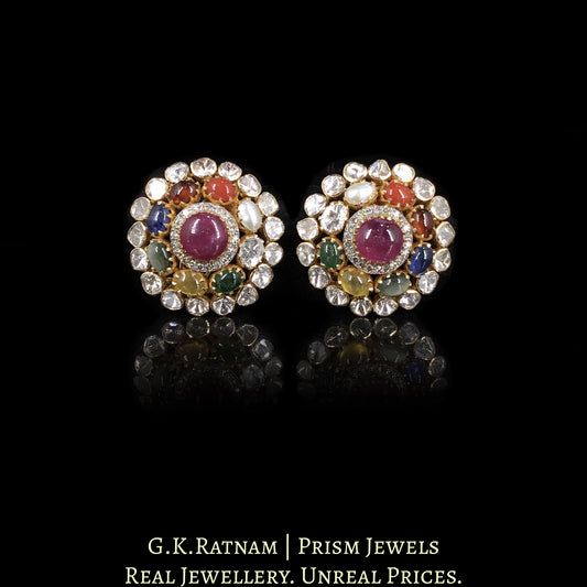 18k Gold and Diamond Polki Open Setting Navratna Karanphool Earring Pair