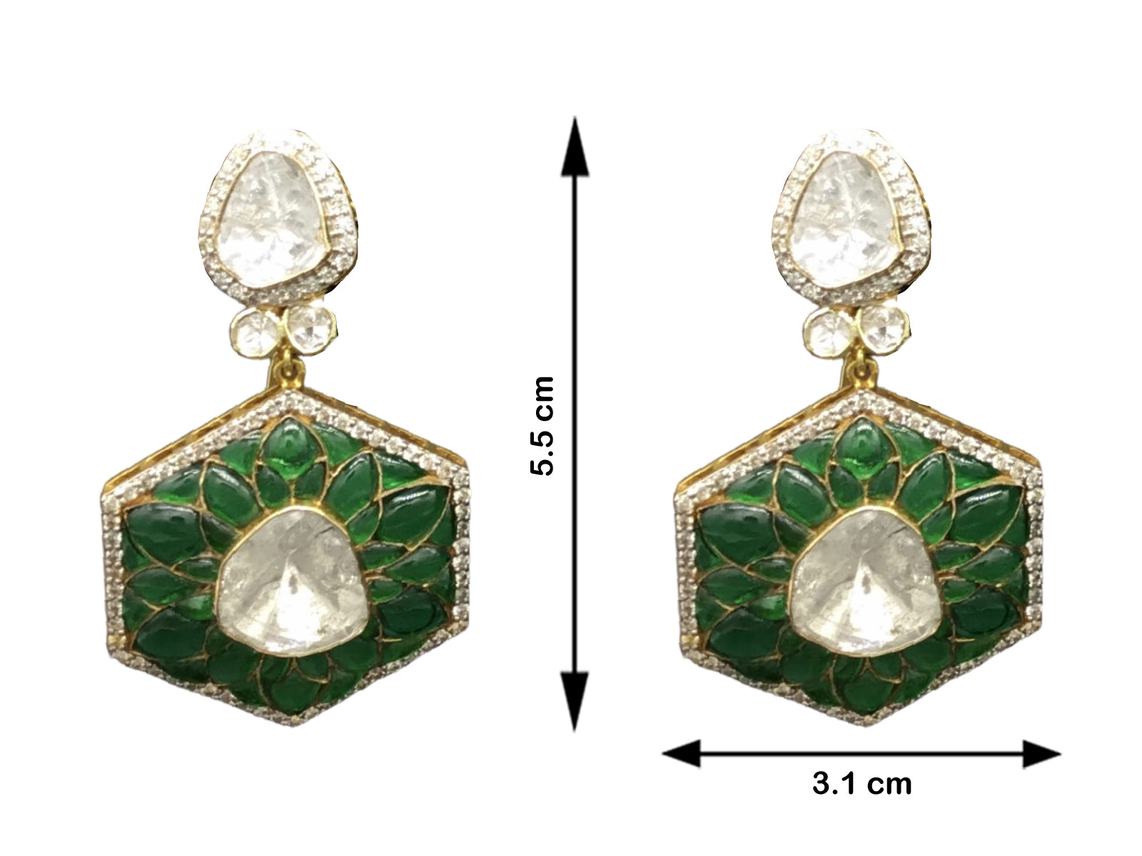 14k Gold and Diamond Polki Open Setting Long Earring Pair with emerald-grade green motifs
