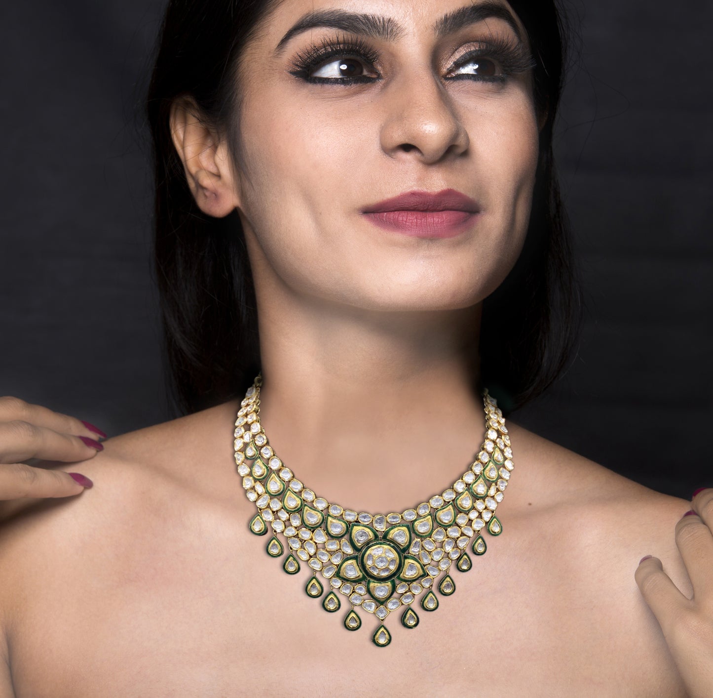 Traditional Gold and Diamond Polki Necklace Set with Green Enamel - G. K. Ratnam