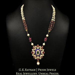23k Gold and Diamond Polki red and blue Pendant Set with natural ruby and pearl chains