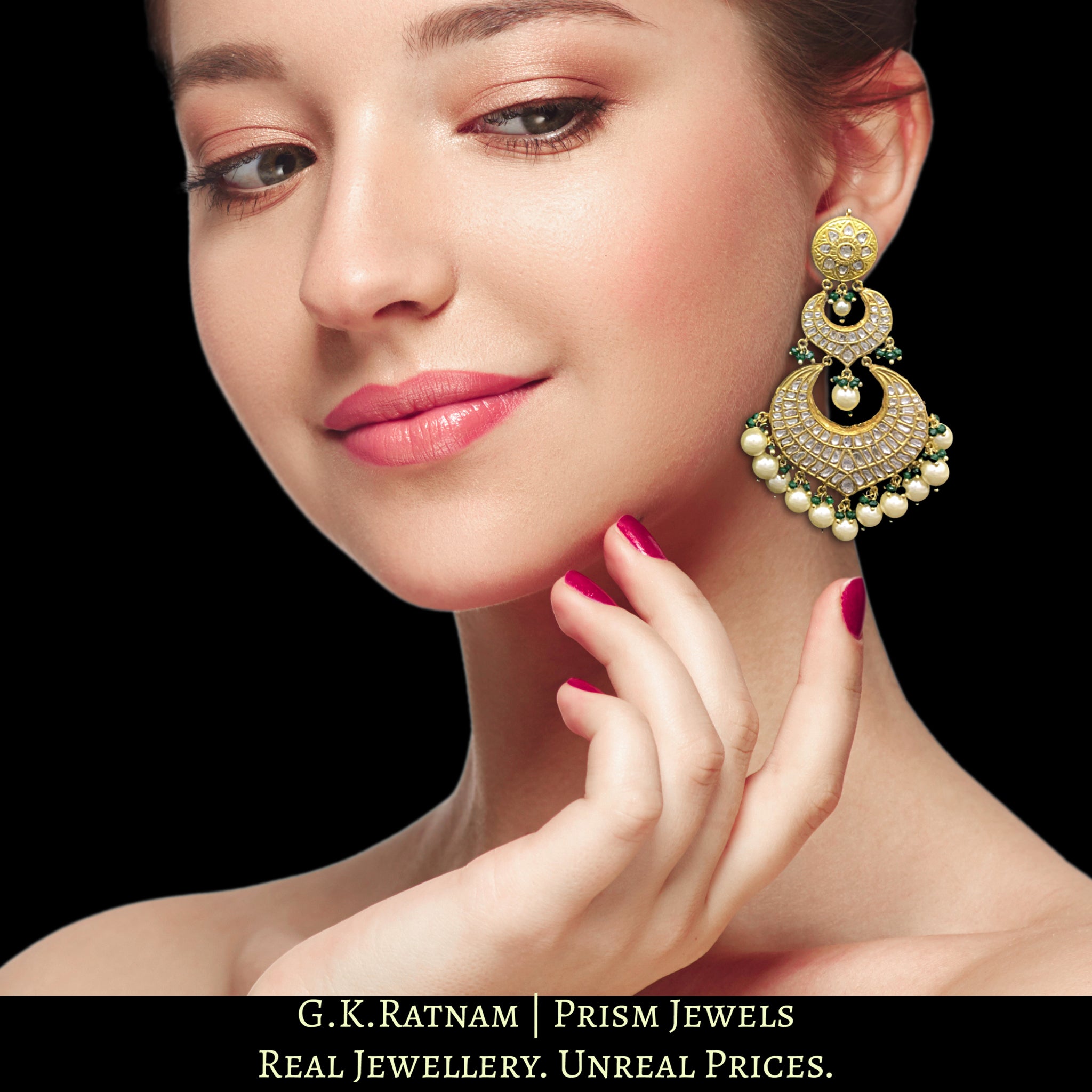 23k Gold and Diamond Polki paasa-style Long Chand Bali Earring Pair in shell pearls with a hint of green