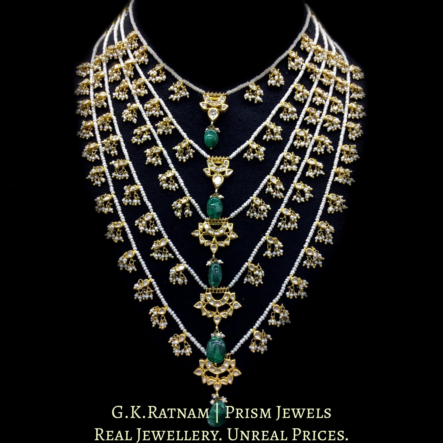 18k Gold and Diamond Polki panch-lad (five-row) Necklace with Natural Freshwater Pearls