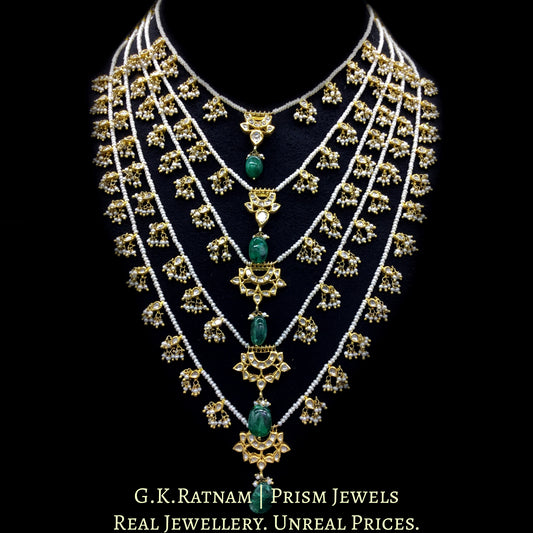 18k Gold and Diamond Polki panch-lad (five-row) Necklace with Natural Freshwater Pearls