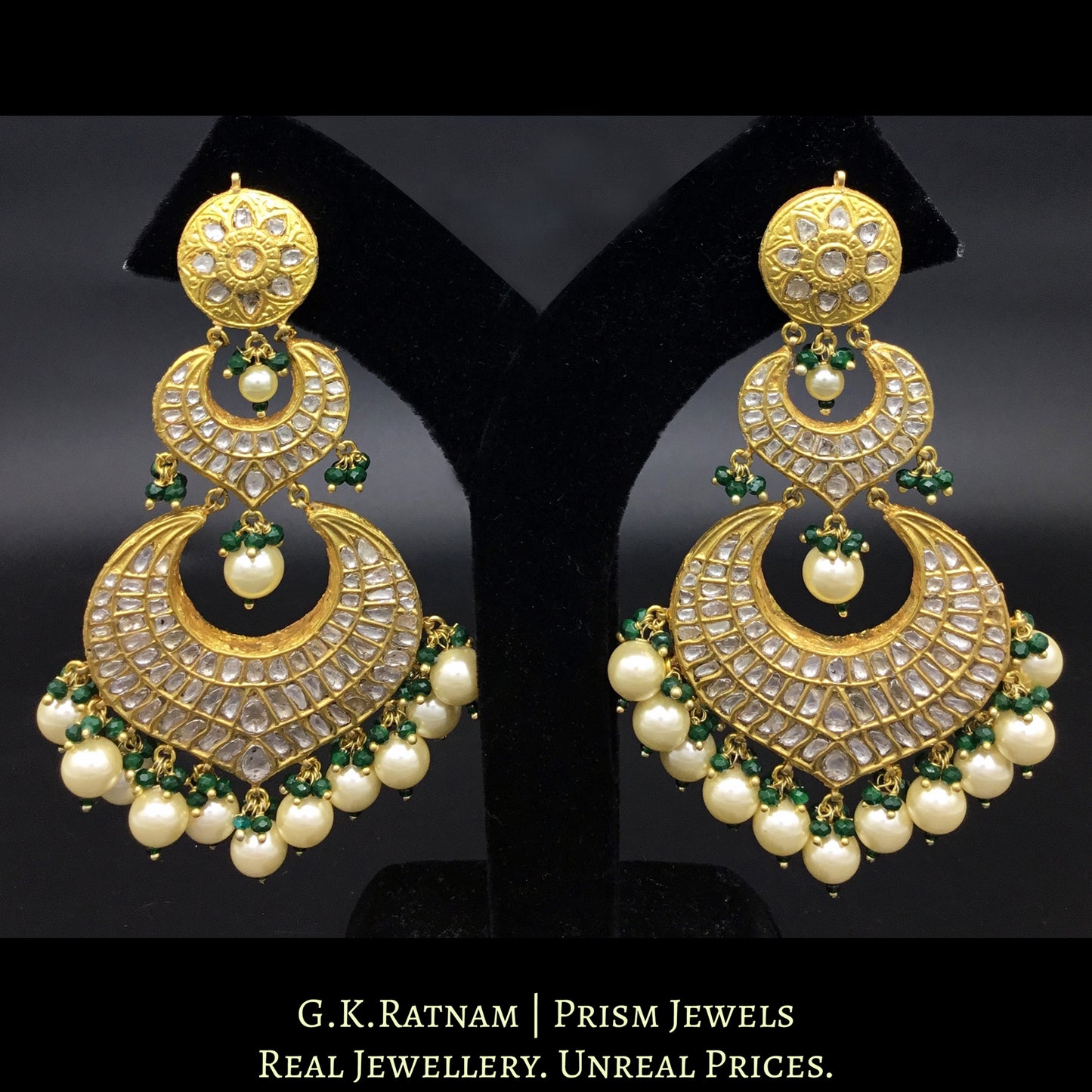 23k Gold and Diamond Polki paasa-style Long Chand Bali Earring Pair in shell pearls with a hint of green