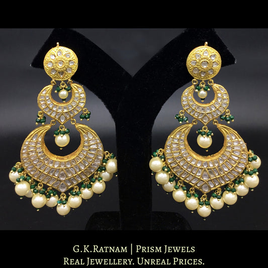 23k Gold and Diamond Polki paasa-style Long Chand Bali Earring Pair in shell pearls with a hint of green