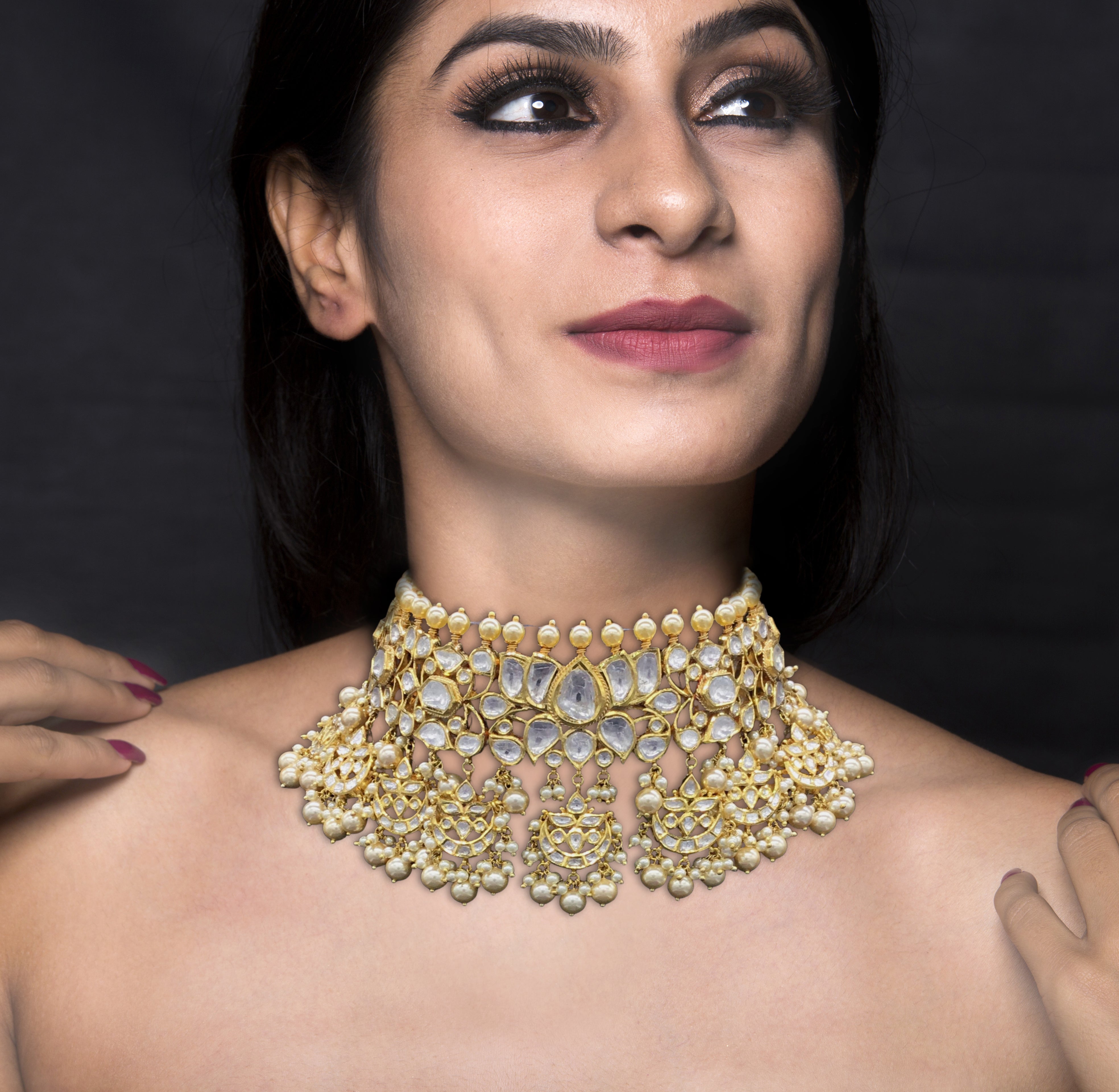 18k Gold and Diamond Polki Lotus Choker Necklace Set with multiple chand hangings - G. K. Ratnam