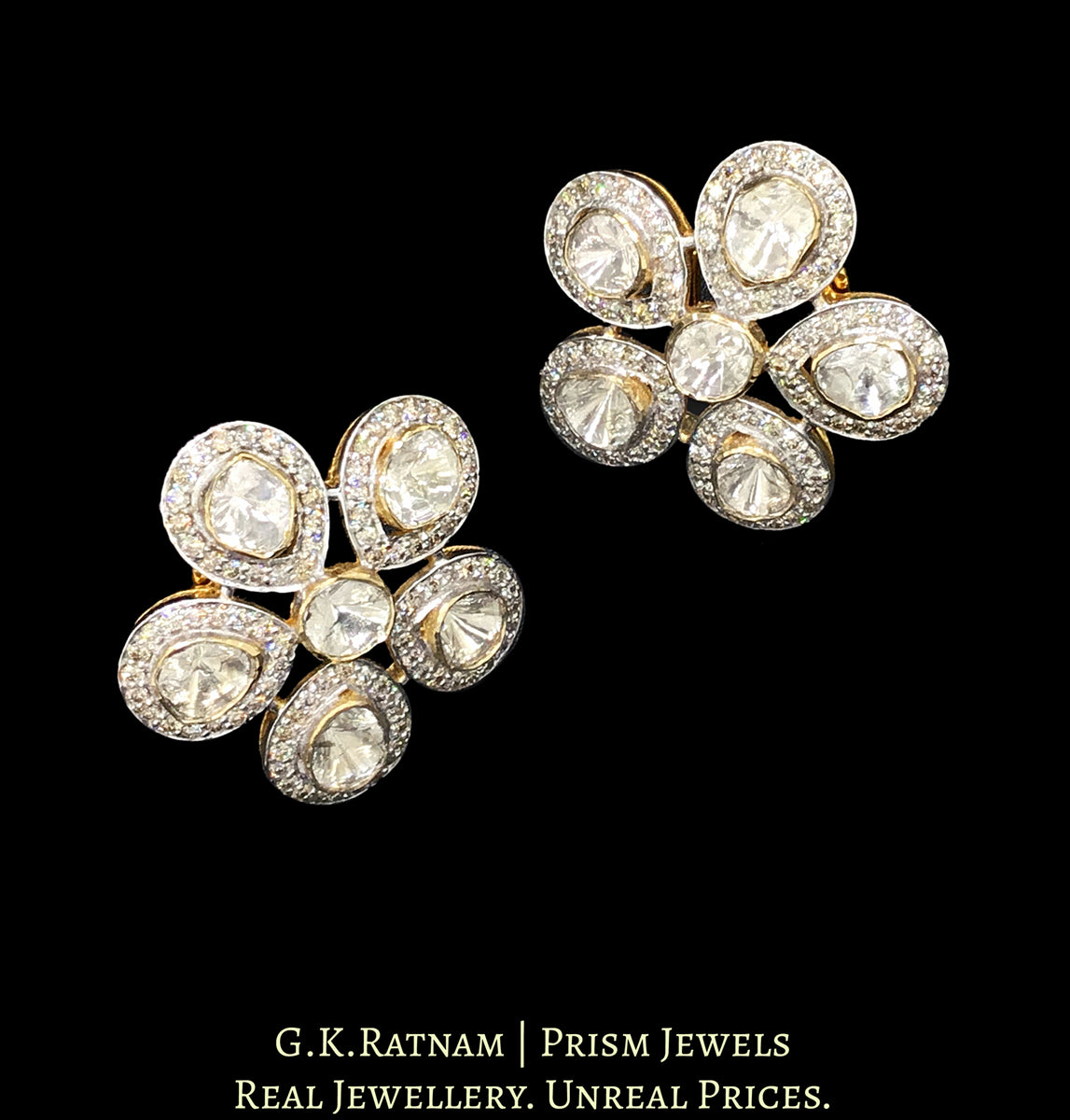 18k Gold and Diamond Polki Open Setting flowery Karanphool Earring Pai ...