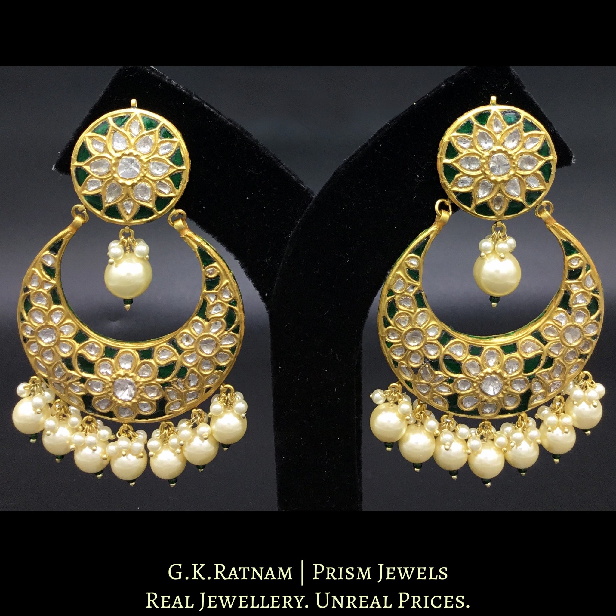 23k Gold and Diamond Polki Chand Bali Earring pair with emerald-green stones and shell pearls