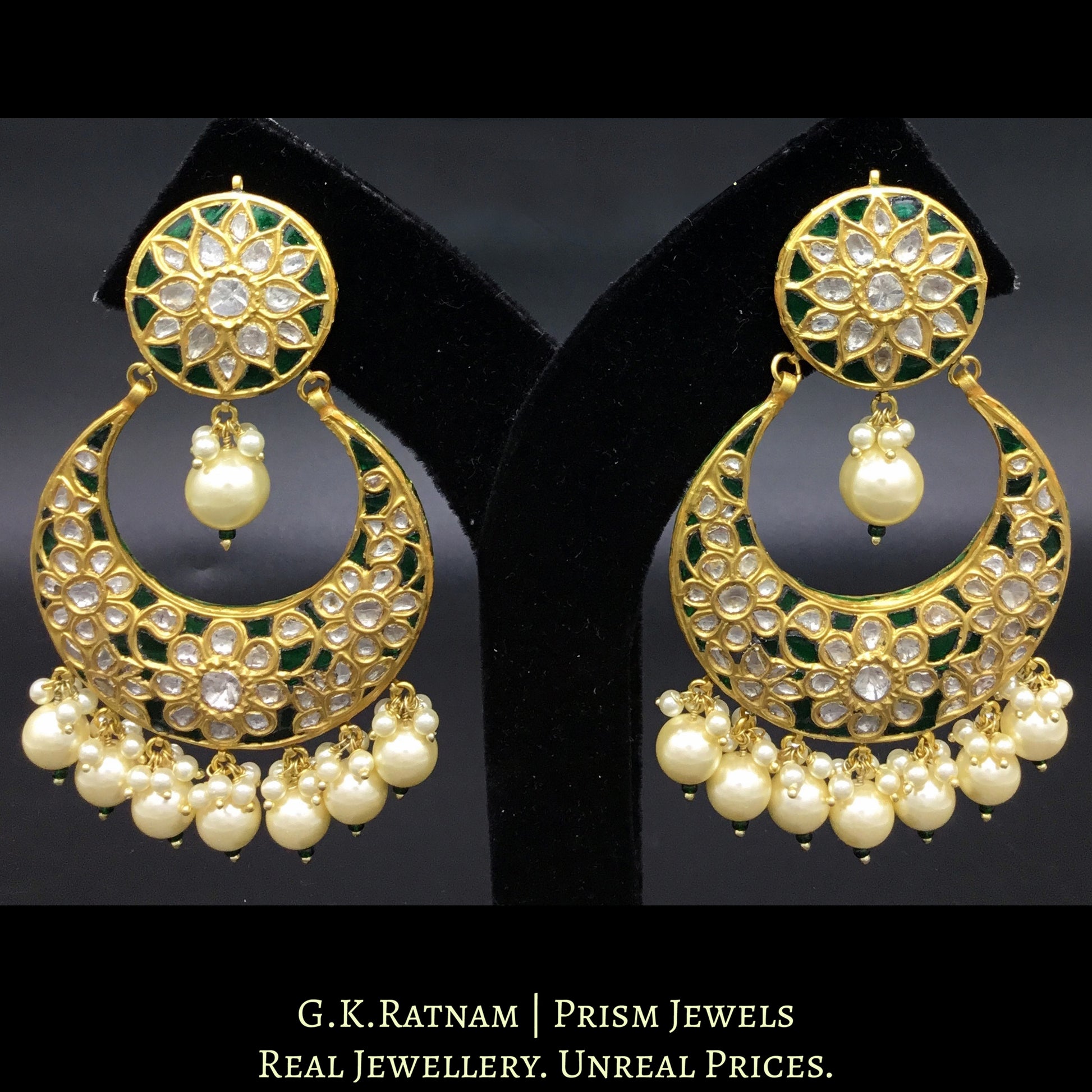 23k Gold and Diamond Polki Chand Bali Earring pair with emerald-green stones and shell pearls - G. K. Ratnam