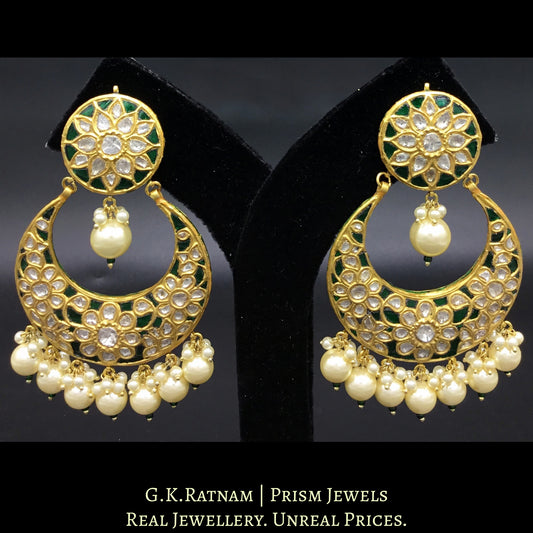 23k Gold and Diamond Polki Chand Bali Earring pair with emerald-green stones and shell pearls - G. K. Ratnam