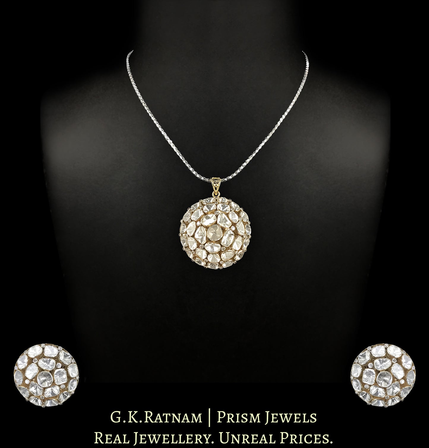 14k Gold And Diamond Polki Open Setting Round Pendant Set with gold-plated Chain
