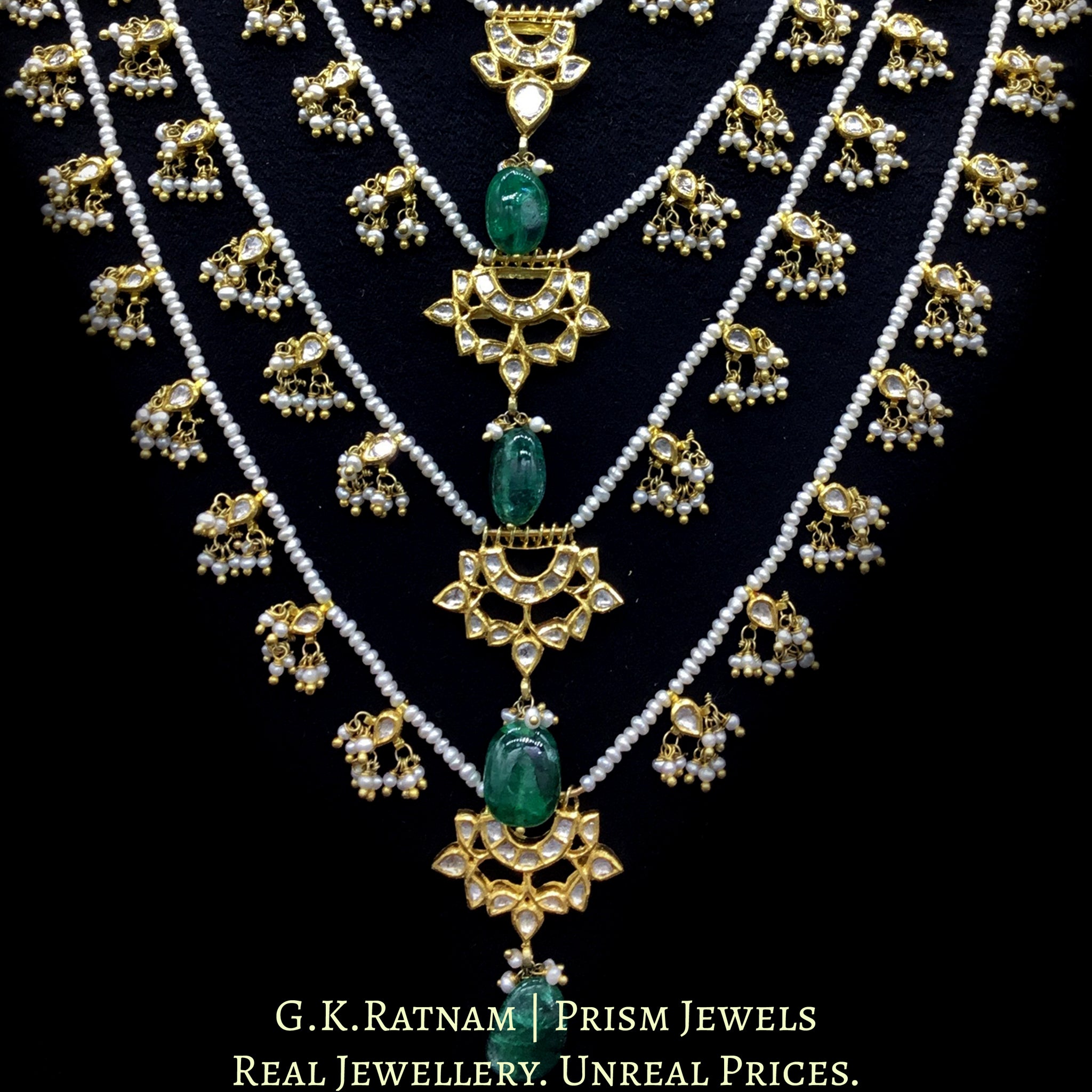 18k Gold and Diamond Polki panch-lad (five-row) Necklace with Natural Freshwater Pearls