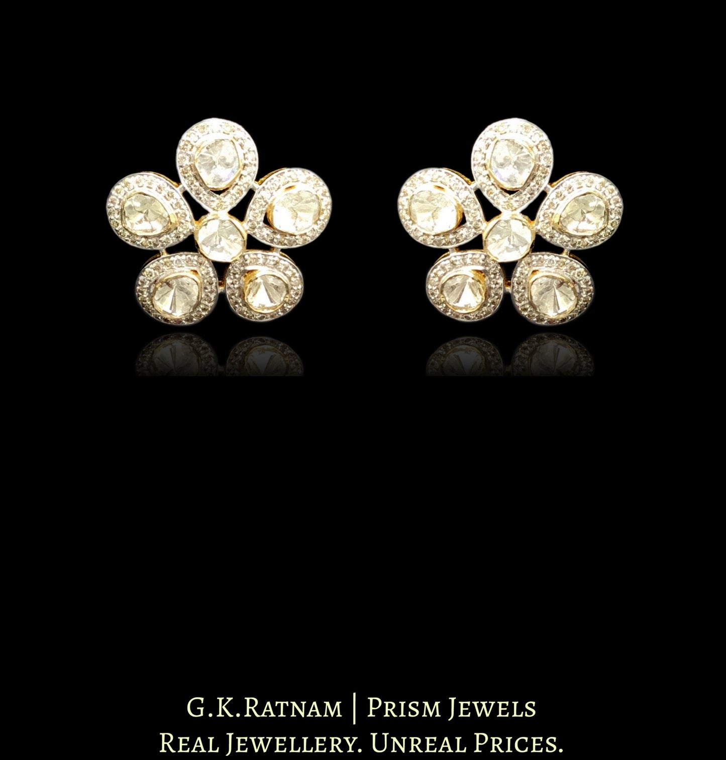 18k Gold and Diamond Polki Open Setting flowery Karanphool Earring Pair