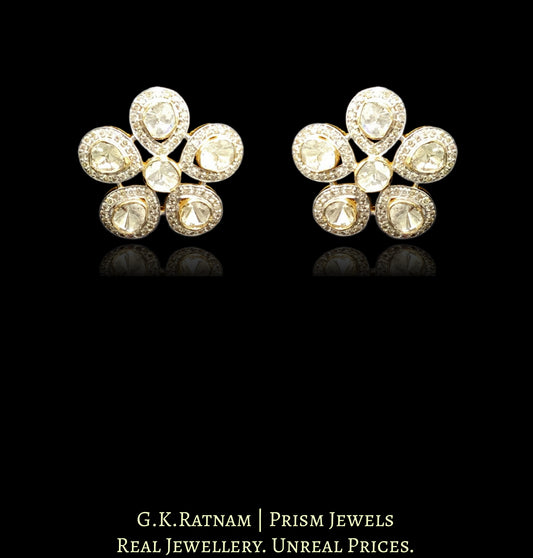 18k Gold and Diamond Polki Open Setting flowery Karanphool Earring Pair