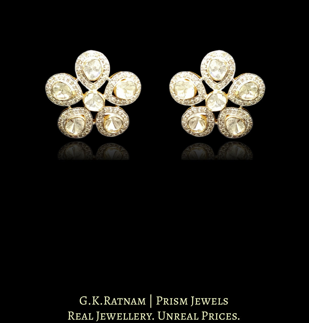 18k Gold and Diamond Polki Open Setting flowery Karanphool Earring Pair