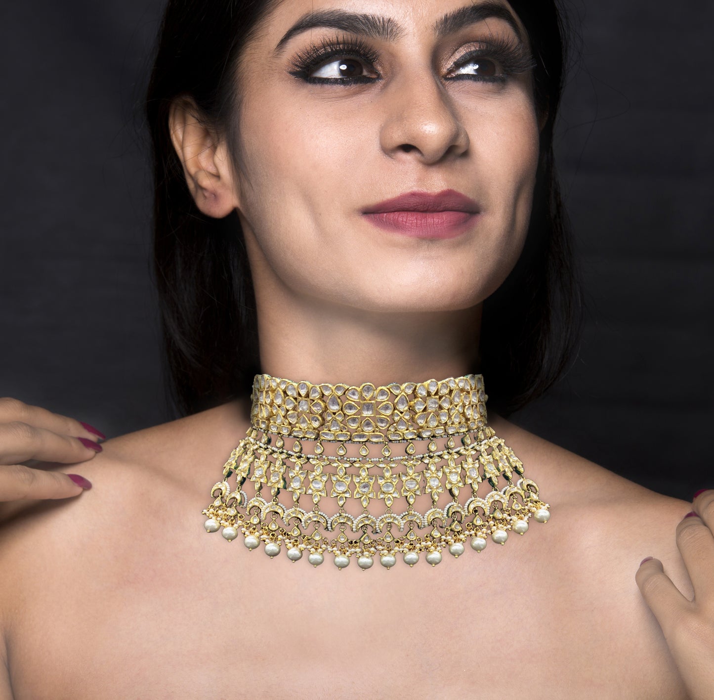 18k Gold and Diamond Polki multi-tier Choker Necklace Set with inverted uncut crescents and pears - G. K. Ratnam