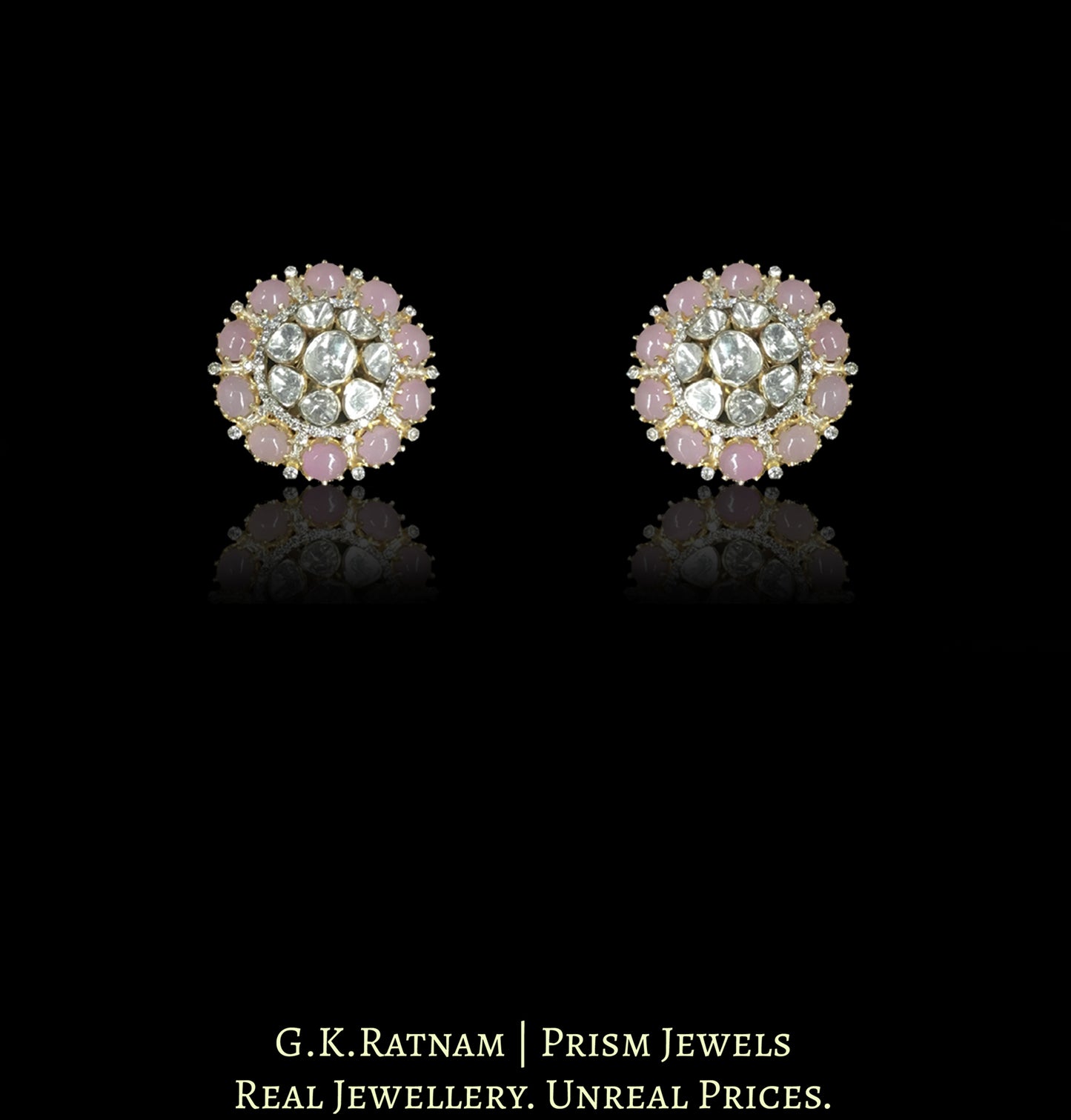 18k Gold and Diamond Polki Open Setting pink Pendant Set With Rose Quartz Beads