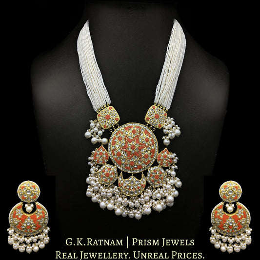 23k Gold and Diamond Polki Coral Hybrid Pendant Set with tiny chid pearl bunches