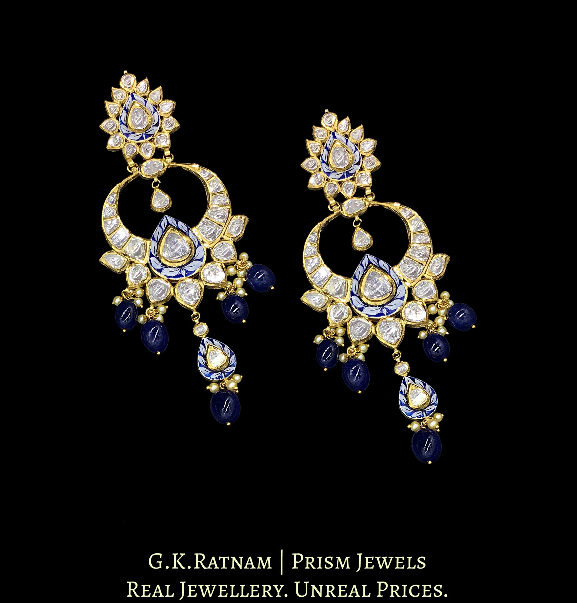18k Gold and Diamond Polki Chand Bali Earring pair with blue and white pottery (enamelling)