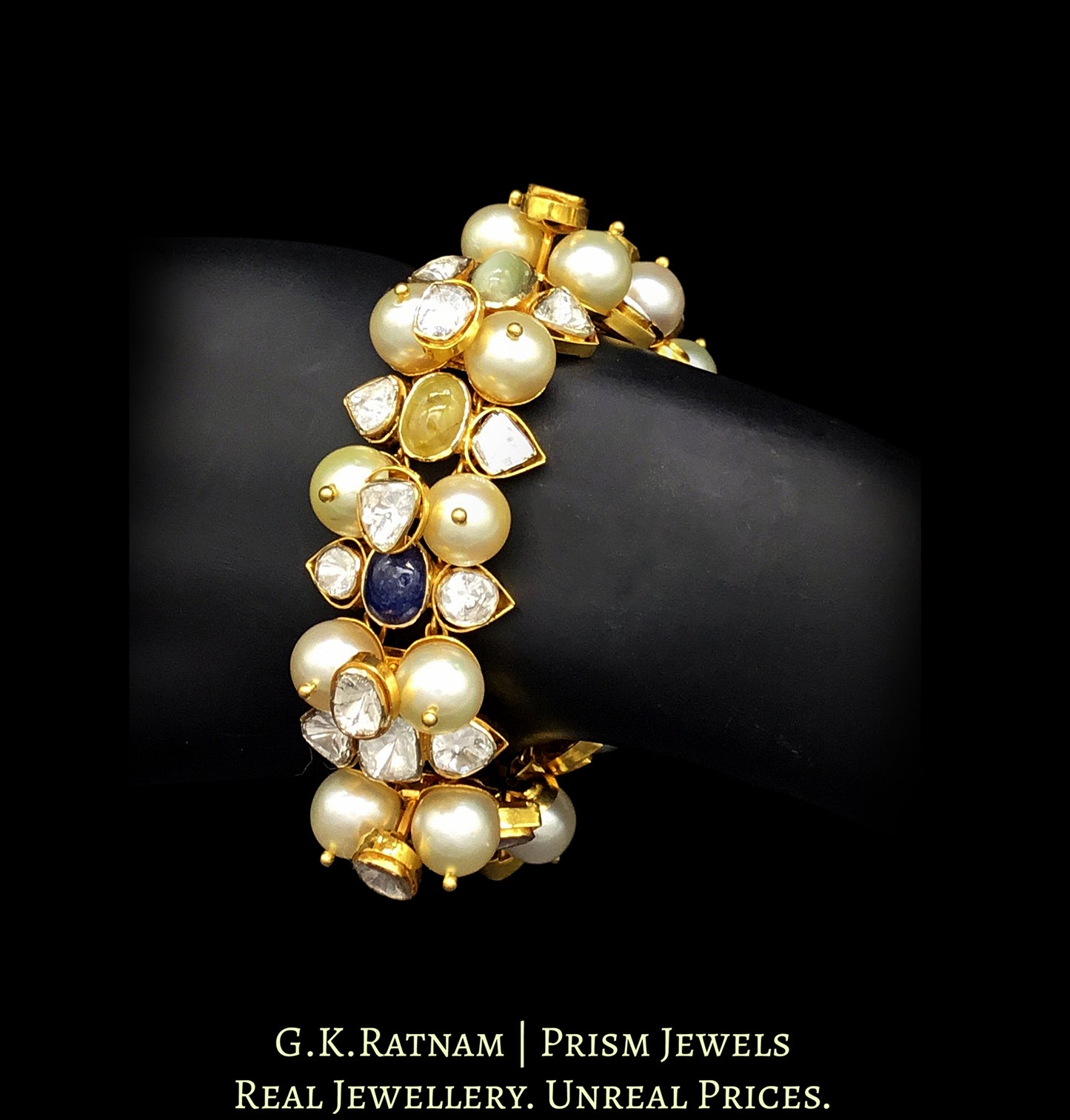 18k Gold and Diamond Polki Open Setting Bracelet with Navratna Stones