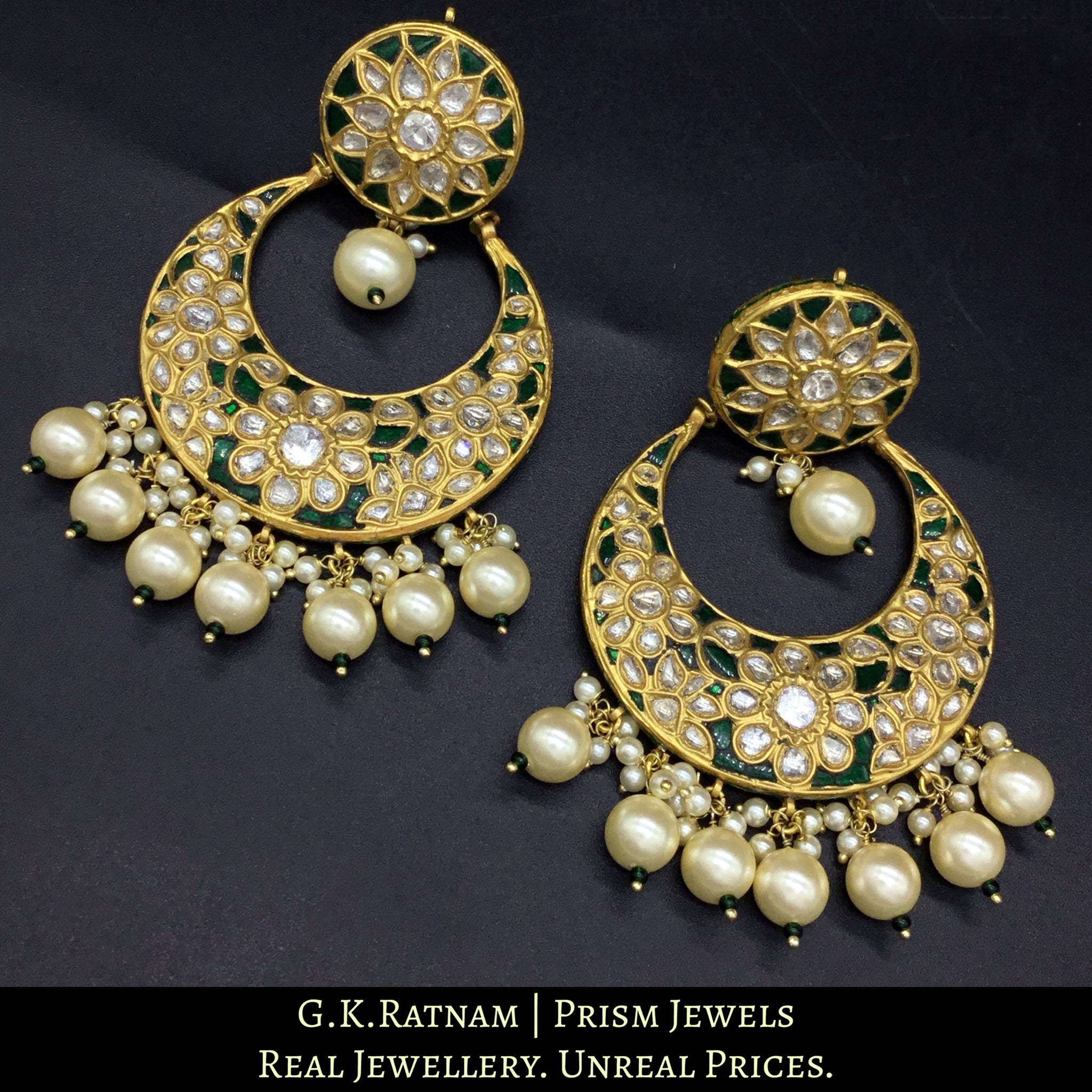 23k Gold and Diamond Polki Chand Bali Earring pair with emerald-green stones and shell pearls