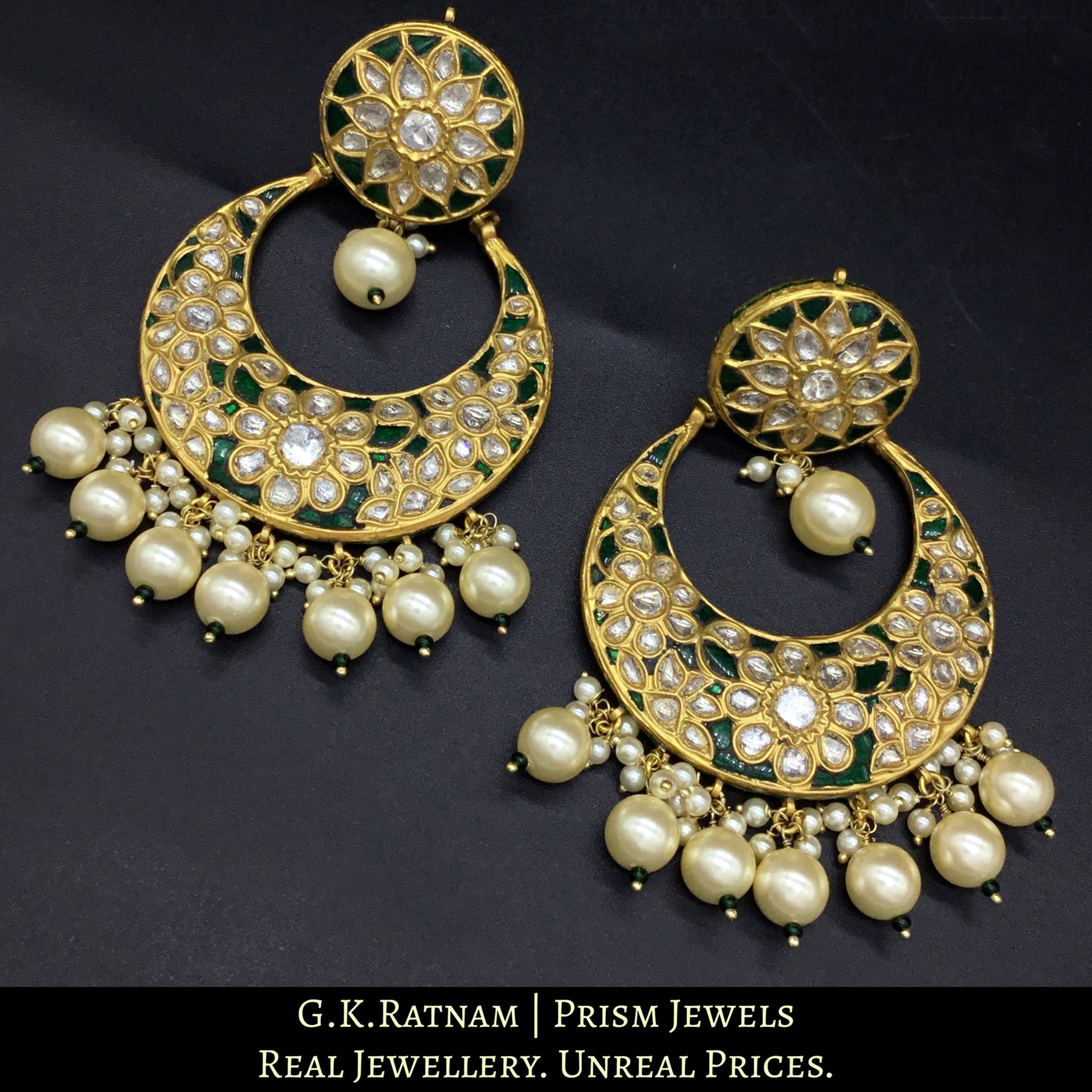 23k Gold and Diamond Polki Chand Bali Earring pair with emerald-green stones and shell pearls - G. K. Ratnam