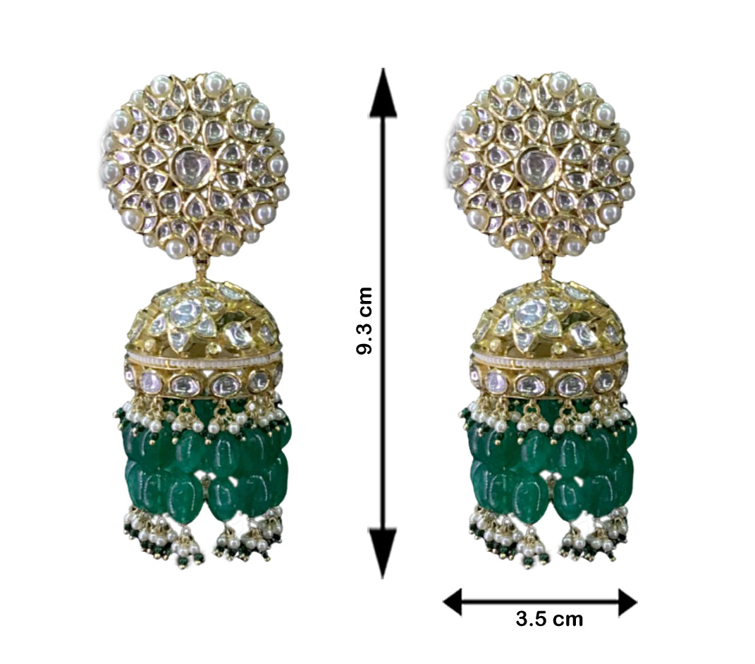 18k Gold and Diamond Polki Karanphool Jhumki Earring Pair with emerald-grade green beryls