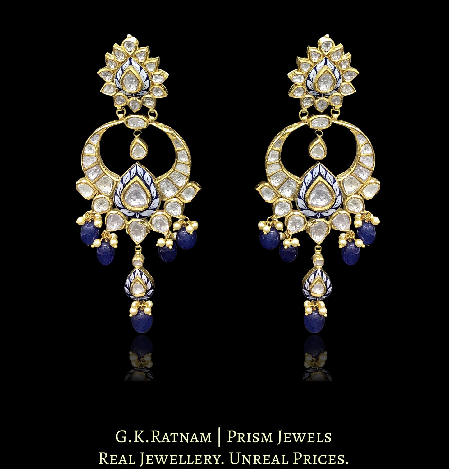 18k Gold and Diamond Polki Chand Bali Earring pair with blue and white pottery (enamelling)