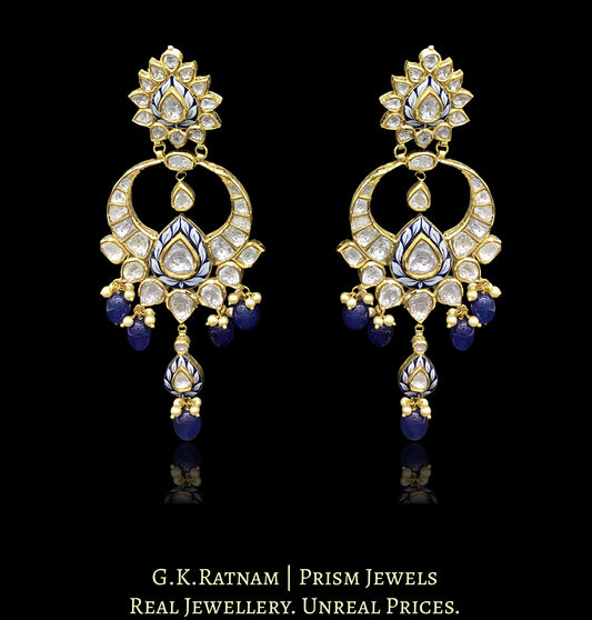18k Gold and Diamond Polki Chand Bali Earring pair with blue and white pottery (enamelling)