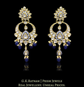 18k Gold and Diamond Polki Chand Bali Earring pair with blue and white pottery (enamelling)