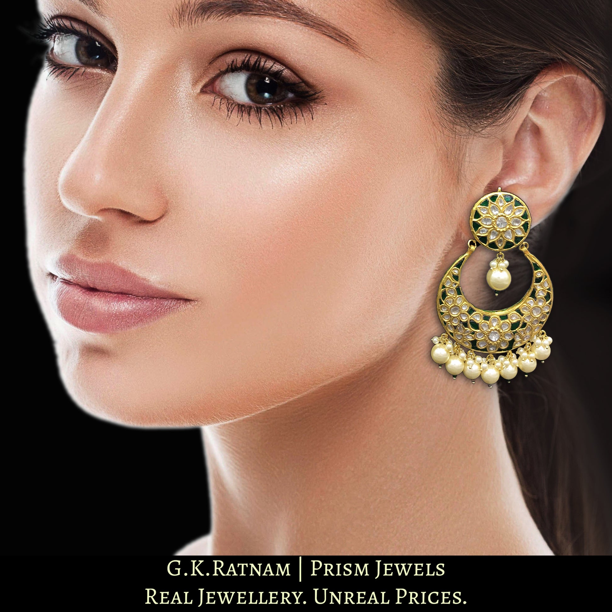 23k Gold and Diamond Polki Chand Bali Earring pair with emerald-green stones and shell pearls - G. K. Ratnam