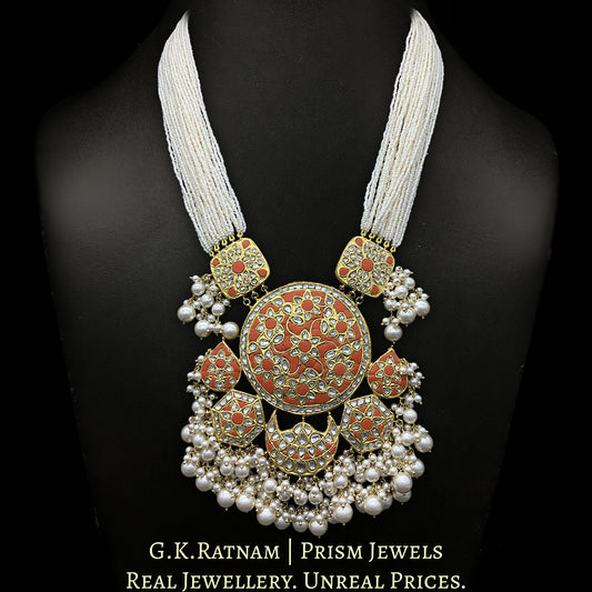 23k Gold and Diamond Polki Coral Hybrid Pendant Set with tiny chid pearl bunches