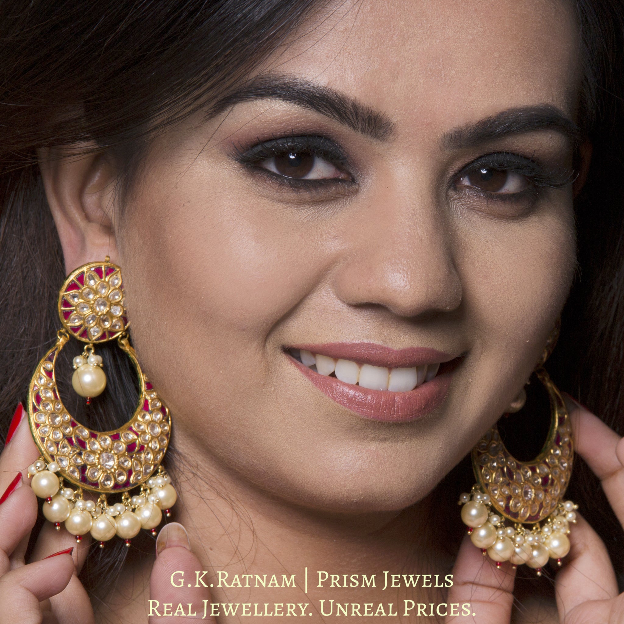 23k Gold and Diamond Polki Chand Bali Earring Pair with ruby-red stones and shell pearls